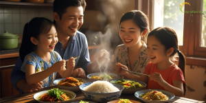 Bữa cơm gia đình với loại gạo phổ biến